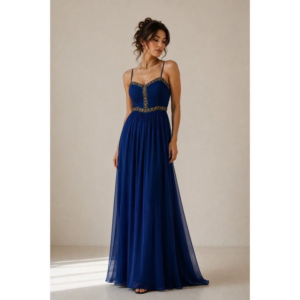 Aidan Mattox Gown Women 10 Blue Beaded Ruched Chiffon Maxi Dress Formal Flowy